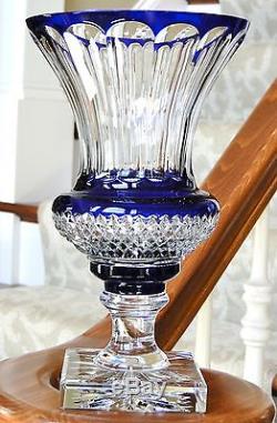Faberge Empire Vase 12h Signed, Cobalt Blue Cased Cut To Clear Crystal