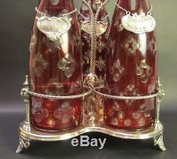 Fine ANTIQUE BOHEMIAN Ruby Cut Crystal Decanter Set with Sterling Tags c. 1920