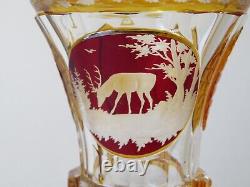 Fine Antique Bohemian Czech Cut Crystal Vase - Clear, Amber & Red - Deer