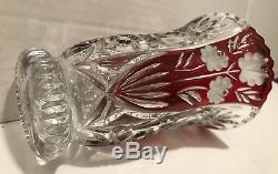 Floral Vase 6 1/4 Ruby Red Cut To Clear Crystal, Heavy Cut, Saw Tooth, Footed