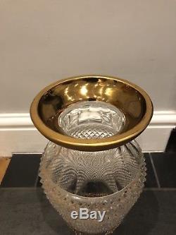 French Diamond Cut Crystal Vase With Gold Leaf Rim and Base