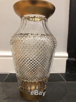 French Diamond Cut Crystal Vase With Gold Leaf Rim and Base