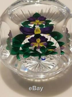 GORGEOUS BANFORD Colorful Pansies in Vase Cut Base Faceted PAPERWEIGHT