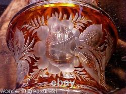 GORGEOUS Boheme Czech Vintage AMBER CUT TO CLEAR Detailed Flowers Crystal Glass