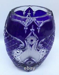 Goda Kristaly Cut To Clear Crystal Vase Cobalt Budapest Starburst 10 1/4 Signed