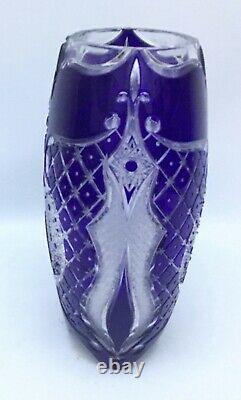 Goda Kristaly Cut To Clear Crystal Vase Cobalt Budapest Starburst 10 1/4 Signed