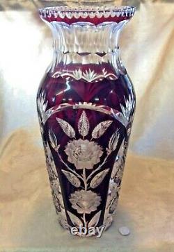 Gorgeous Antique Bohemian 13-1/2 Heavy Ruby Red Cut to Clear Roses Vase RBE