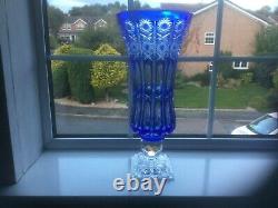 Gorgeous Arnstadt Blue Cut To Clear Crystal Vase 16 x 8 inches