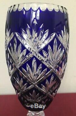 Gorgeous Bohemian Cobalt Blue Cut Clear Crystal Vase EXCELLENT Large 13H