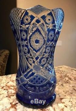 Gorgeous Bohemian Cobalt Blue Cut Clear Crystal Vase Large 11 EXCELLENT