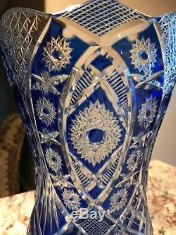 Gorgeous Bohemian Cobalt Blue Cut Clear Crystal Vase Large 11 EXCELLENT
