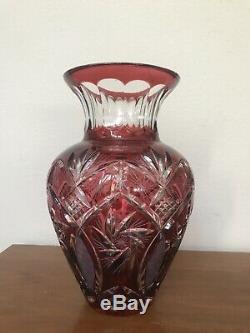 Gorgeous Bohemian Cranberry Deep Red Cut Clear Crystal Vase EXCELLENT Large 11H