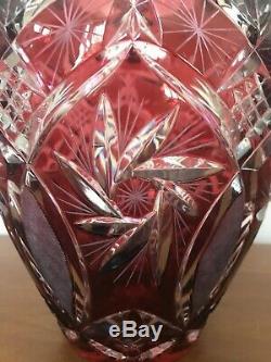 Gorgeous Bohemian Cranberry Deep Red Cut Clear Crystal Vase EXCELLENT Large 11H