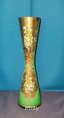 Gorgeous Bohemian Czech Mint Green Gold Enamel Hand Cut Crystal Vase 11.5