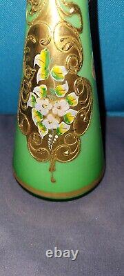 Gorgeous Bohemian Czech Mint Green Gold Enamel Hand Cut Crystal Vase 11.5