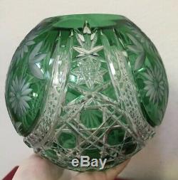 Gorgeous Bohemian Emerald Green Cut Clear Round Daisy Flower Crystal Vase EXCLNT