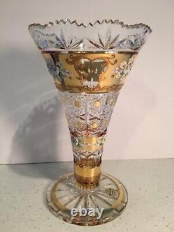 Gorgeous Hand Cut Lead Crystal 10 Vase Bohemia Czech Republic Gold WithFlowers