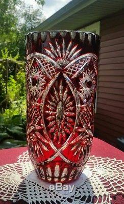 Gorgeous Vintage Bohemian Cut to Clear Crystal Ruby Red Cranberry Vase 10