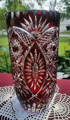 Gorgeous Vintage Bohemian Cut to Clear Crystal Ruby Red Cranberry Vase 10
