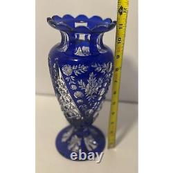 Gorgeous Vintage Hand Blown German Lead Crystal COBALT Cut to Clear Vase