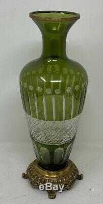Green Glass Vase Crystal Cut Design Brass Trim & Brass Base Unique Decor