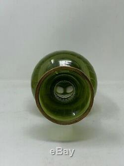 Green Glass Vase Crystal Cut Design Brass Trim & Brass Base Unique Decor