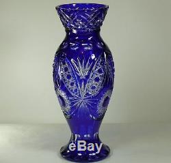 HUGE Flower Cased Crystal VASE, 39 cm tall, Cut to clear BLUE Overlay, RUSSIA