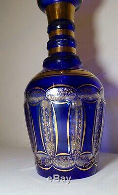 HUGE antique cut to clear Czech Moser Bohemian glass crystal gold vase blue