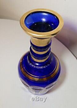 HUGE antique cut to clear Czech Moser Bohemian glass crystal gold vase blue