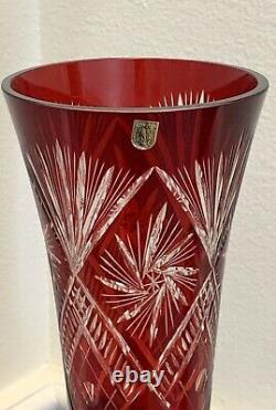 Hand Cut Bohemian Style Crystal Vase Cased Ruby Red Overlay Cut to Clear Glass