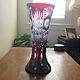 Hand Cut Cranberry/ruby Red Bohemian Style Cut To Clear Tall Vase