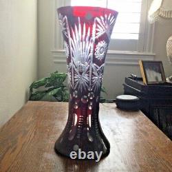 Hand Cut Cranberry/Ruby Red Bohemian Style Cut to Clear Tall Vase