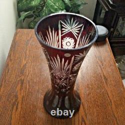 Hand Cut Cranberry/Ruby Red Bohemian Style Cut to Clear Tall Vase