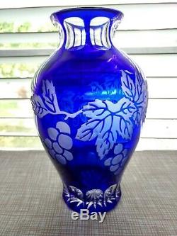 Hard to Find Vintage Bohemian Cobalt Blue Cut to Clear Grapes Vines Crystal Vase