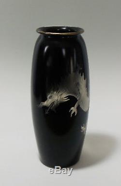 Hawkes BLACK Cut To Crystal Chinese Dragon Vase Silver Rim