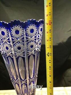 Huge 17 Tall Antique Lausitzer Cobalt Blue Lead Crystal Cut Clear Glass Vase