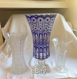 Huge Antique Cobalt Blue Lead Crystal Cut Glass Vase, Lausitzer German 17