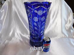 Huge Blue Cut to Clear Vase # 23616