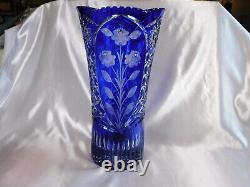 Huge Blue Cut to Clear Vase # 23616