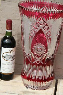 Huge Crystal glass cut cranberry clear red Vase Bohemia 1950s