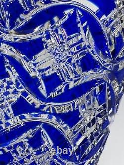 Huge Ofnah Crystal Bohemian Cobalt Blue Heavy Cut To Clear 12 Tall Vase
