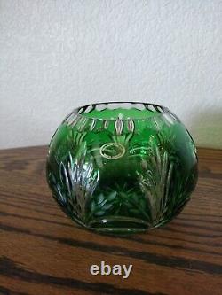 Hungarian Handmade Hand Cut Crystal Emerald Green Rose Bowl Vase Cut to Clear