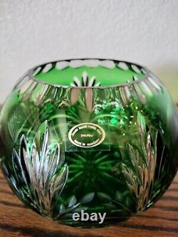 Hungarian Handmade Hand Cut Crystal Emerald Green Rose Bowl Vase Cut to Clear