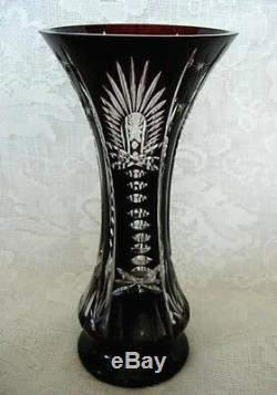 Impressive Dark Ruby Red Crystal Hand Blown Glass Cut-to-Clear Vase- Estate Item