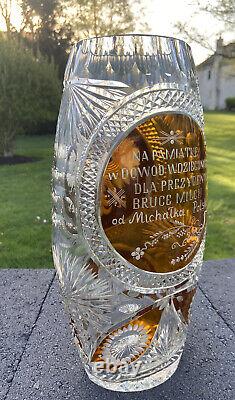 Josephine Hutte Amber Flashed Wheel Cut Lead Crystal Art Dec Vase 13.5H 7.7 Lb