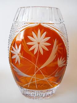 Julia 24% Lead Crystal Poland Floral Deep Amber Hand-Cut Large Vase 12 Heavy