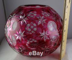 Kusak Bohemian Crystal Red Ruby Cut to Clear Rosebowl Glass Vase Signed Minty