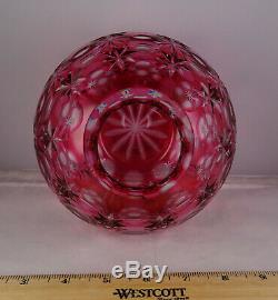 Kusak Bohemian Crystal Red Ruby Cut to Clear Rosebowl Glass Vase Signed Minty