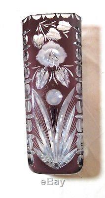 LARGE antique hand cut to clear cranberry glass crystal Czech Bohemian vase