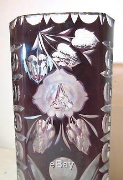 LARGE antique hand cut to clear cranberry glass crystal Czech Bohemian vase